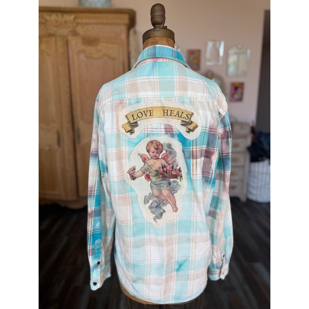 Upcycled Cherub Flannel Shirt‎ Medium Love Heals Cotton Soft Plaid - Picture 7 of 7